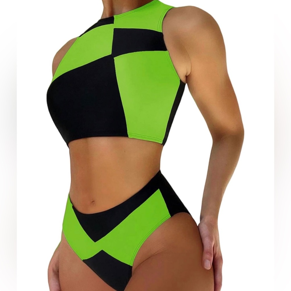 Vibrant Green and Black Bikini Set